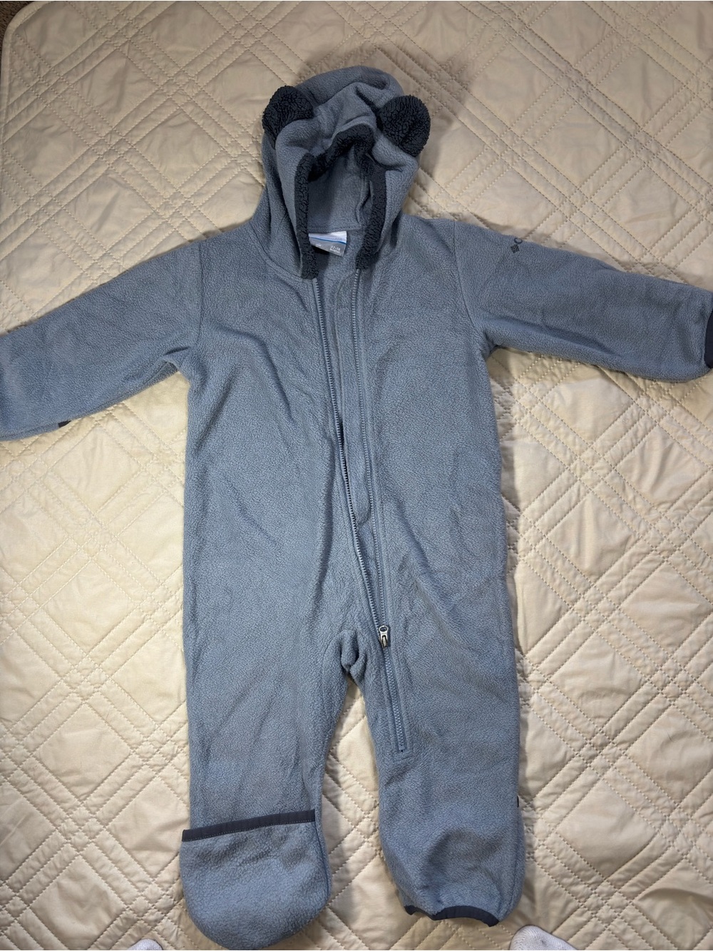 Columbia Grey 12-18M Bear Hooded Fleece One-Piece Snowsuit